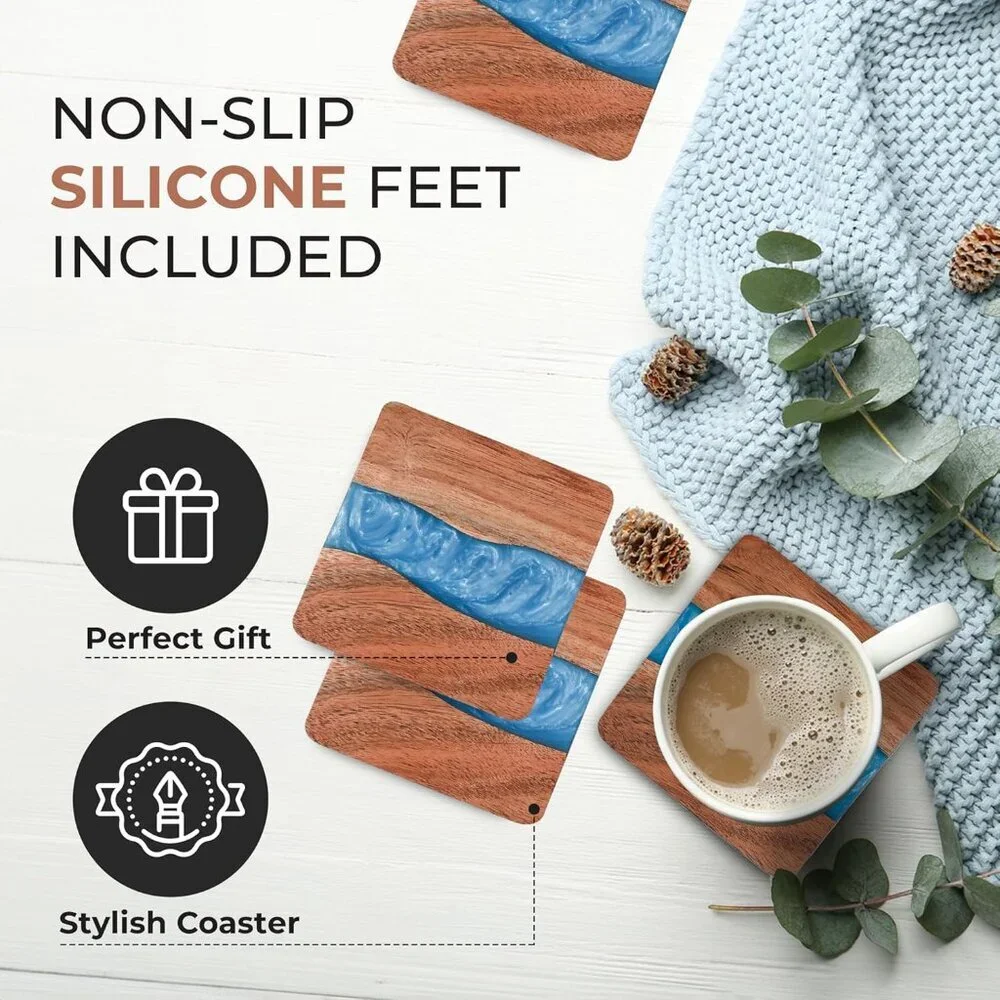 Wood Coasters with Resin - Set of 4 Cup Coasters with Holder - 4 x 4 Inches - Un